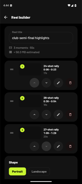 The reel builder: three moments in order, each with controls to move, trim or remove it.