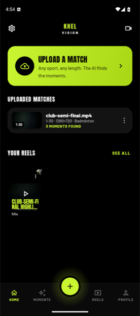 The Khel Vision home screen: an Upload a match action, an uploaded match showing three moments found, and a finished reel.