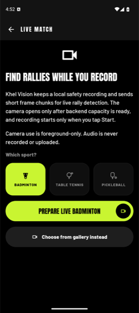The live match screen: find rallies while you record, with a sport picker for badminton, table tennis and pickleball.