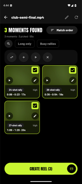 The moments screen: three moments found, each a rally with its shot count, confidence and place in the match, all three picked for the reel.