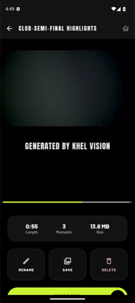 The finished reel playing in the app, 55 seconds from three moments, with rename, save and delete.